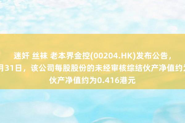 迷奸 丝袜 老本界金控(00204.HK)发布公告，于2024年8月31日，该公司每股股份的未经审核综结伙产净值约为0.416港元